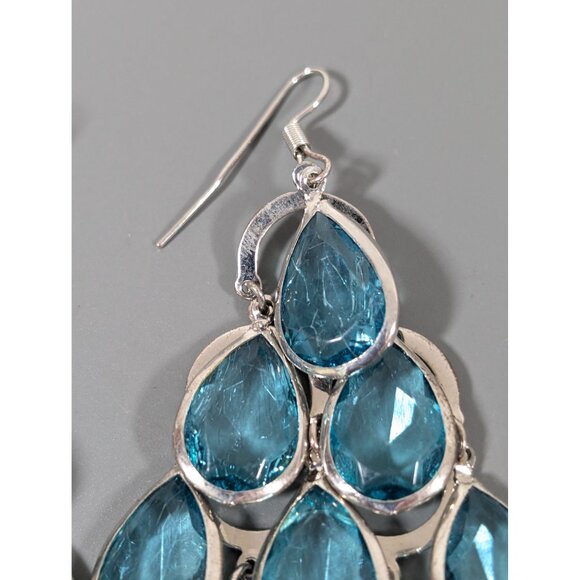 Teal Blue Teardrop Bezel Chandelier Long Dangle Earrings Boho Glam Statement - Picture 4 of 8